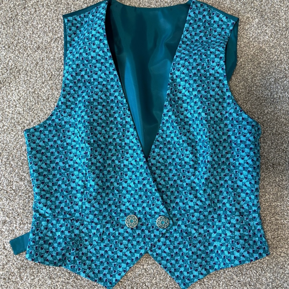 Handmade Teal Patterned Vest with Buttons Size Medium